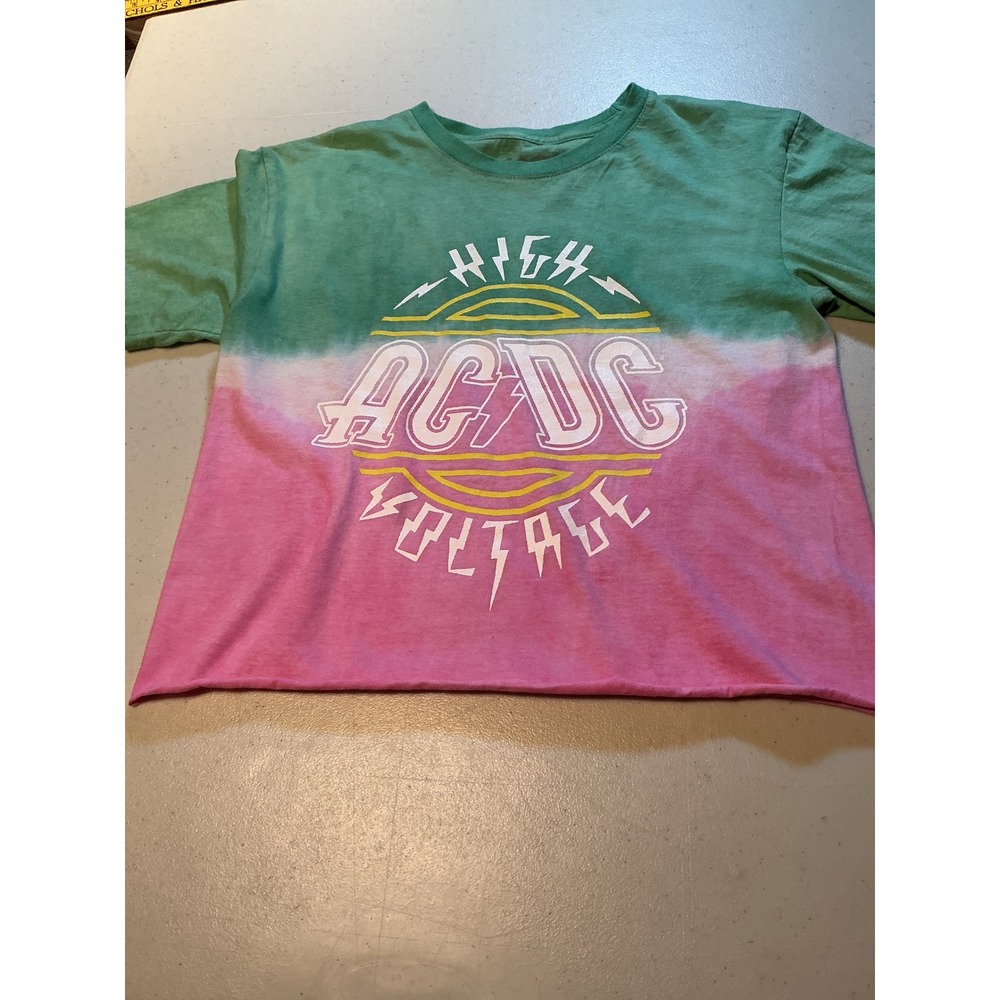 AC/DC High Voltage Graphic Tee Pink Green Ombre Cropped Raw Hem T-Shirt